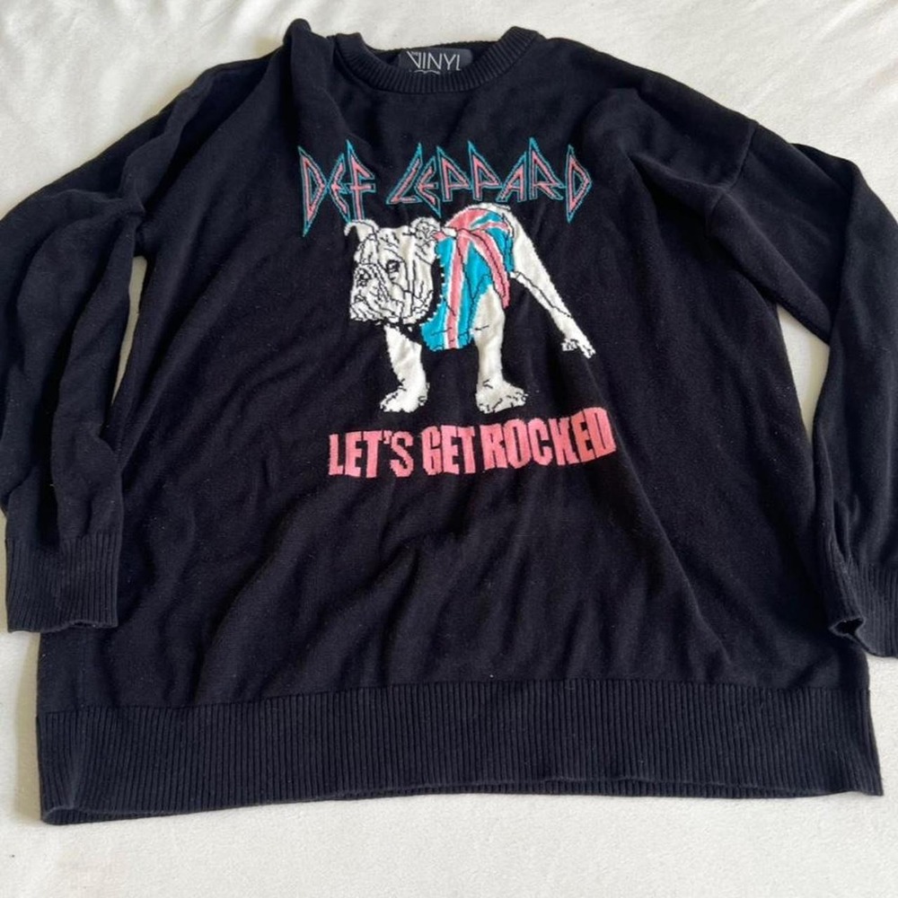 Def Leppard Sweater Pink Blue Dog Vinyl Icons School Rock Band Tee Tour Concert